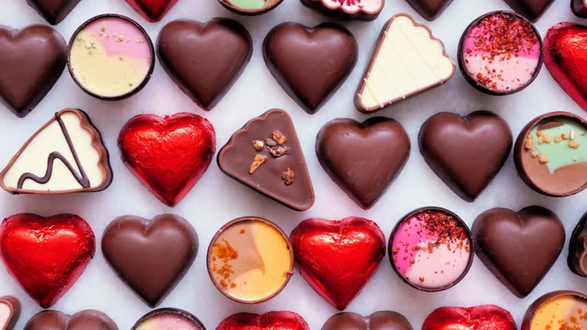Sweet Valentines Day chocolates and hearts. Slow rotating zoom motion. Above view.