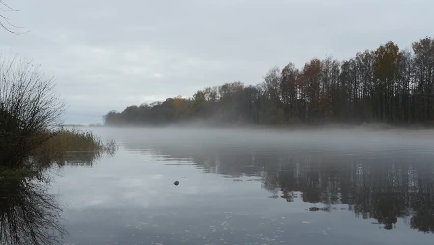 White fog spreads over the river, autumn morning, landscape