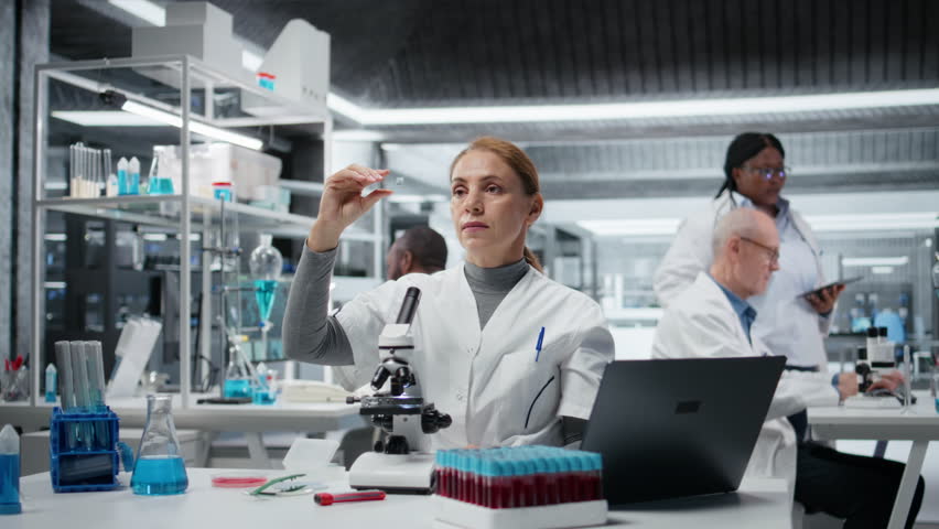 Materials scientist inspecting thin glass slide for structural defects or impurities. Research employee conducting visual quality control check using compound microscope, camera A