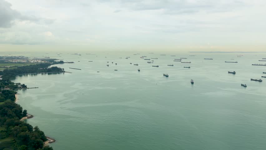 Plane window view of cargo ships offshore and green golf course during cloudy coastal landing