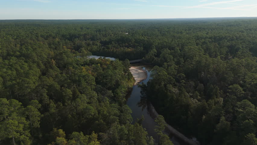 Drone pullback, quiet river corridor cutting through untouched forest landscape in northern Florida, overcast sky, Blackwater River State Park