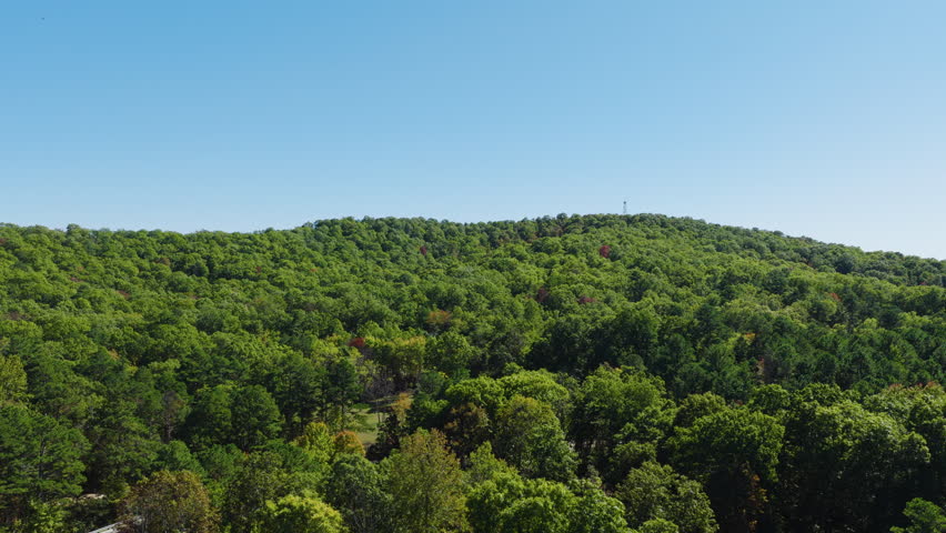 Aerial pullback over serene Ozark lush green mountain forest under cloudless blue sky near country road, Arkansas