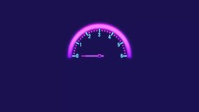 Speedometer speed animation presenting a futuristic gauge with a neon pink semicircle, light blue neon numbers from 0 to 6, and smoothly moving long and short needles. This dynamic footage is ideal for speed, performance metrics, dashboards, technology interfaces, automotive concepts, gaming visuals, data visualization, modern motion graphics, and digital presentations. - Powered by Shutterstock - Get 15% off with code: PIKWIZARD15