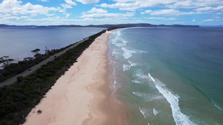 Waves Splashing On The Beach In Bruny Island, Tasmania, Australia - Aerial Pullback