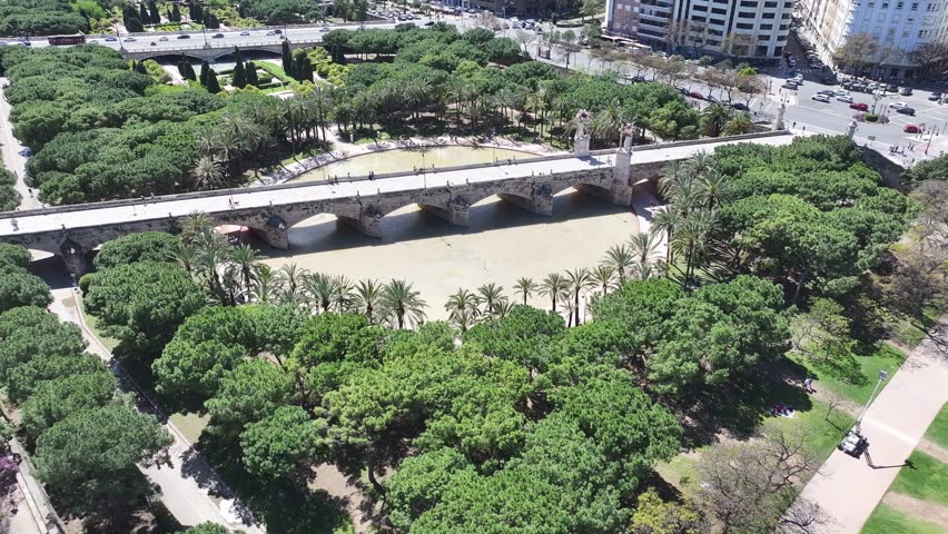 Turia Gardens At Valencia In Comunidad Valenciana Spain. Nature Park Scenery. Downtown City. Valencia At Comunidad Valenciana Spain. Botanical Garden Skyline. Beautiful Cityscape.