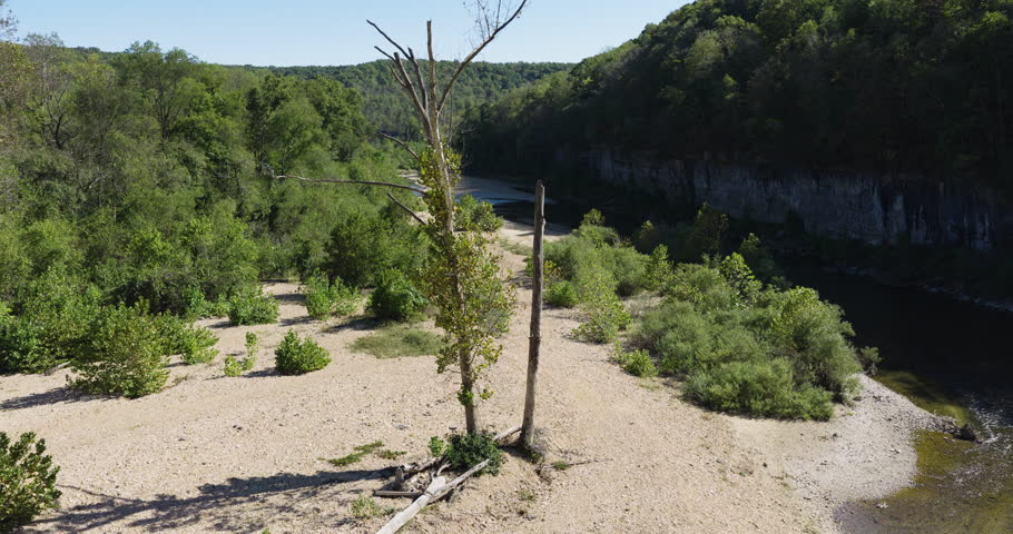 Scenic North Fork River Within The Devils Backbone Wilderness Area In The Missouri Ozarks, USA. Aerial Shot