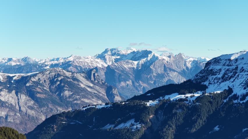 Aerial panorama of Churfirsten mountains near Walensee in Switzerland.
