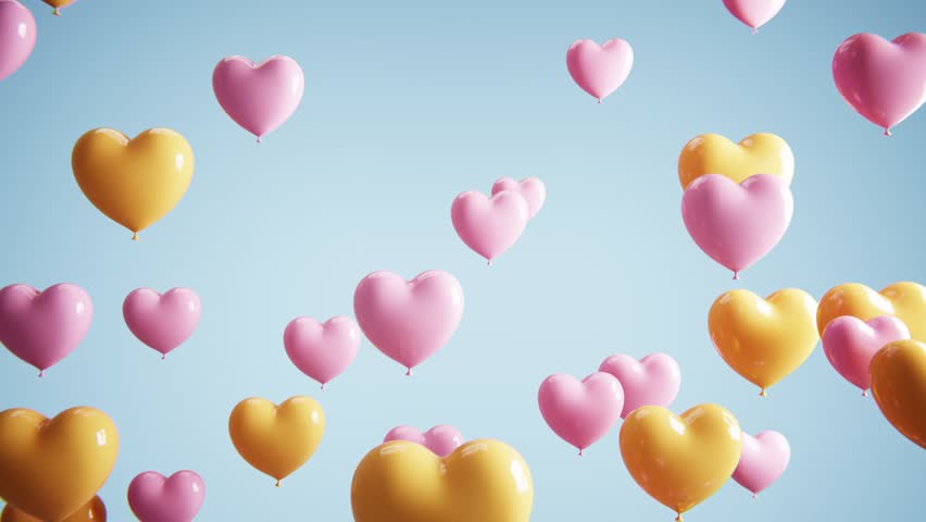 Many heart shaped balloons floating upwards against a blue sky for valentine's day celebrations. Seamless loop.