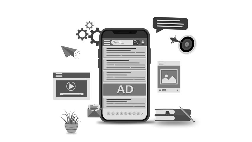 Monochrome animation of a smartphone with digital marketing icons