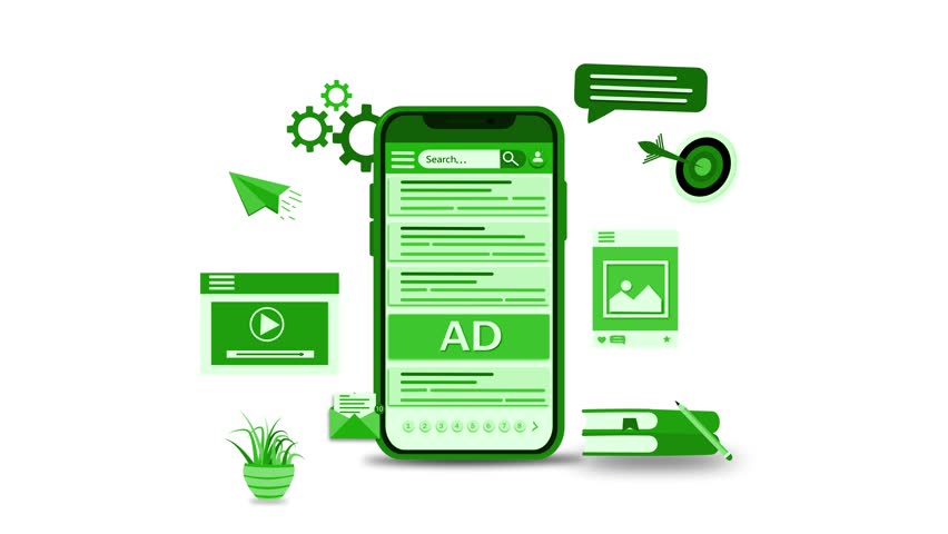 Monochrome animation of a smartphone with digital marketing icons