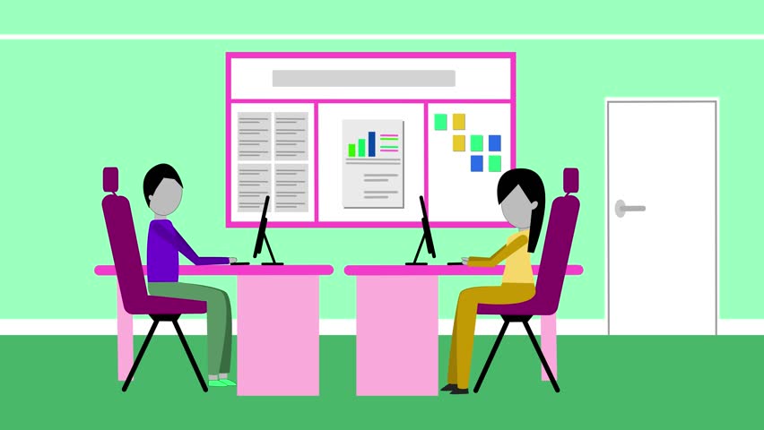 Animation of two people working at desks with computers in an office