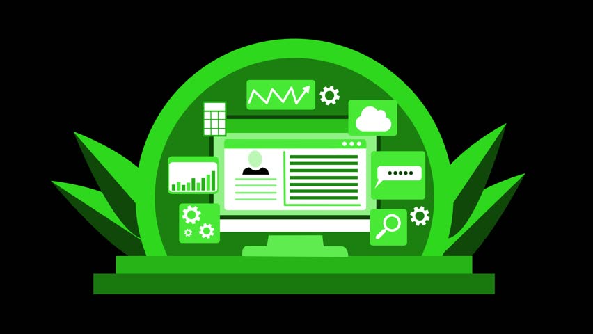 Animation of a computer screen with data and analytics icons on a black background