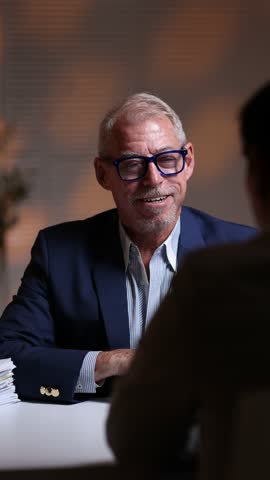 The manager is interviewing and talking to new employees. Experienced senior businessman warmly greeting job candidate after successful interview.