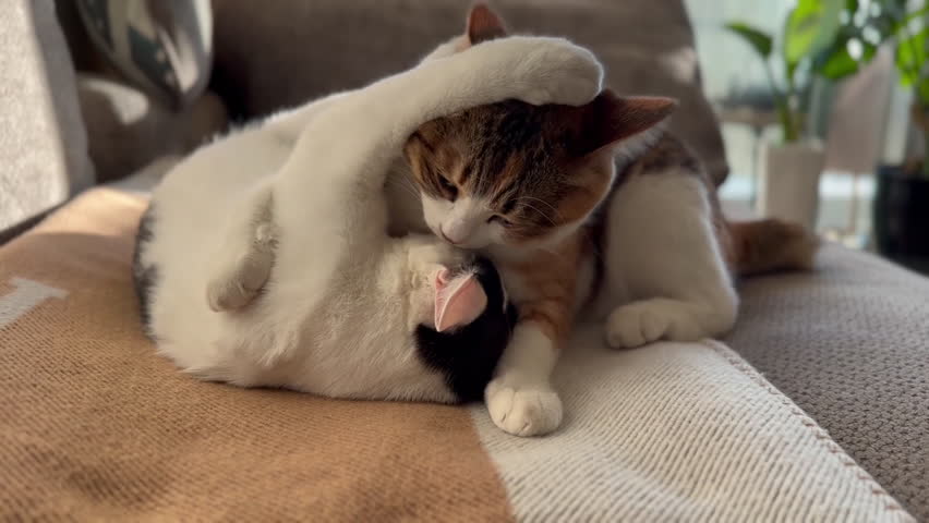 Two cats playing on sofa in livingroom