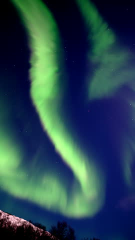 Northern lights ripple across a starry sky above snowy peaks near Tromso, Norway, vertical timelapse.
