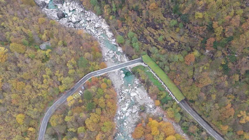 Aerial view of a bridge over a river flowing through Lavertezzo surrounded by autumn trees with roads on either side, Verzasca, Ticino, Switzerland.
