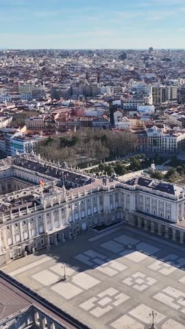 Royal Palace Of Madrid In Madrid Spain. Birds Eye View Of Medieval Building In Famous District Of City. Business Sky Clouds Downtown Cityscape. Backgrounds Panoramic City. Madrid Spain.