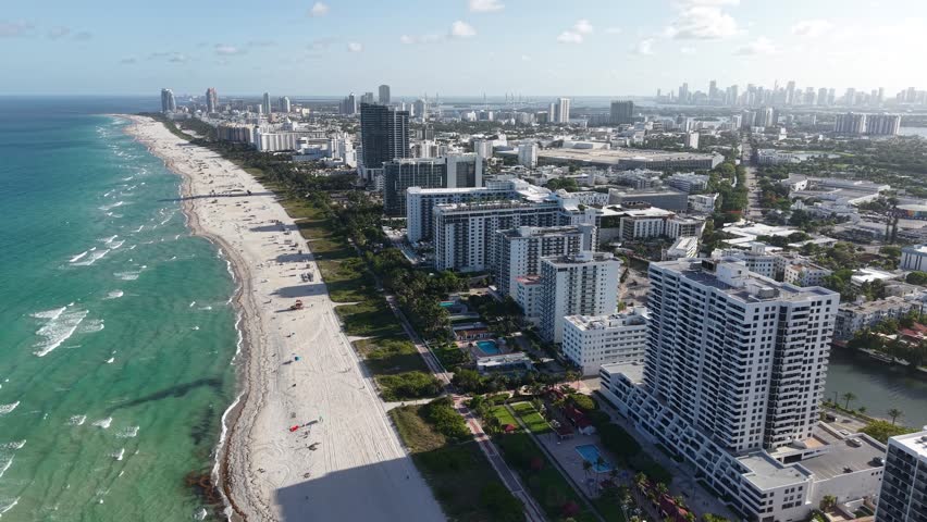 Aerial View of South Beach Miami, Florida USA, Beachfront Buildings and Sandy Shore