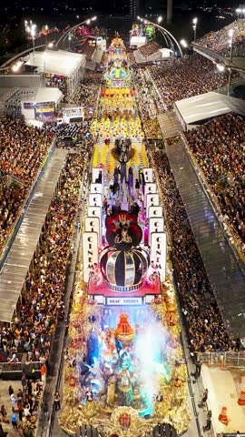 Carnival Ride In Sao Paulo Brazil. Famous Carnival Sambadrome Landscape Viewed From Above. Night Street Downtown Cityscape. Night Drone View Downtown Building Cities Of The World. Sao Paulo Brazil.