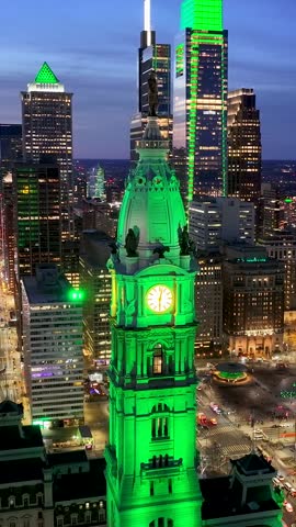 Sunset Philadelphia Skyline In Philadelphia Pennsylvania United States. Aerial View Of Famous Governement Building Of The Country. Building Industry Landscape Bird View Stunning.