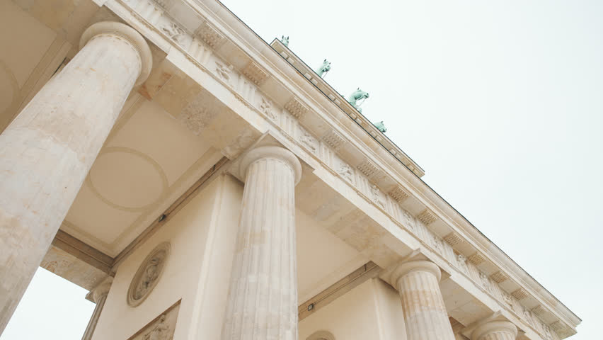 Camera movement with detailed shot of the Brandenburg Gate in Berlin, Germany.