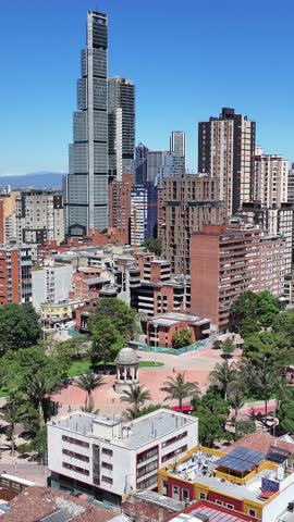 Bogota Skyline In Bogota District Capital Colombia. Aerial View Of A Bustling City With High-Rise Buildings And Traffic. Business Sky Downtown Cityscape. Business Backgrounds Panoramic.