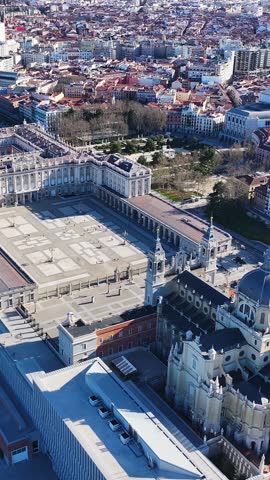 Royal Palace In Madrid Spain. Aerial View Of Landmark Medieval Building In Downtown Scene. Construction Landscape Company Building Stunning. Company Building. Madrid Spain.