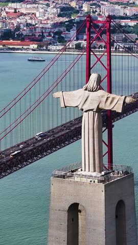 Christ The King In Lisbon Portugal. Stunning Landscape Of Touristic Attraction Viewed From Above. Business Sky Clouds Downtown Cityscape. Business Panorama. Lisbon Portugal.
