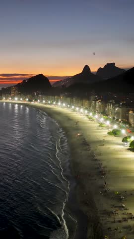 Rio De Janeiro Skyline In Copacabana Beach Rio De Janeiro Brazil. Bird Eye View Of A Amazing Coastal Beach In The Summer Holiday. Sunset Deserted Landscape Recreation Stunning.