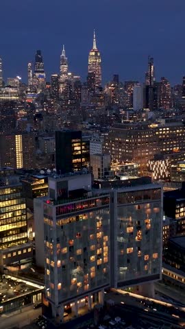 New York Skyline In Manhattan New York United States. Birds Eye View Of Stunning Cityscape With Streets And Buildings. Building Sky Downtown Cityscape. Night Outdoor Panning Wide. Manhattan New York.