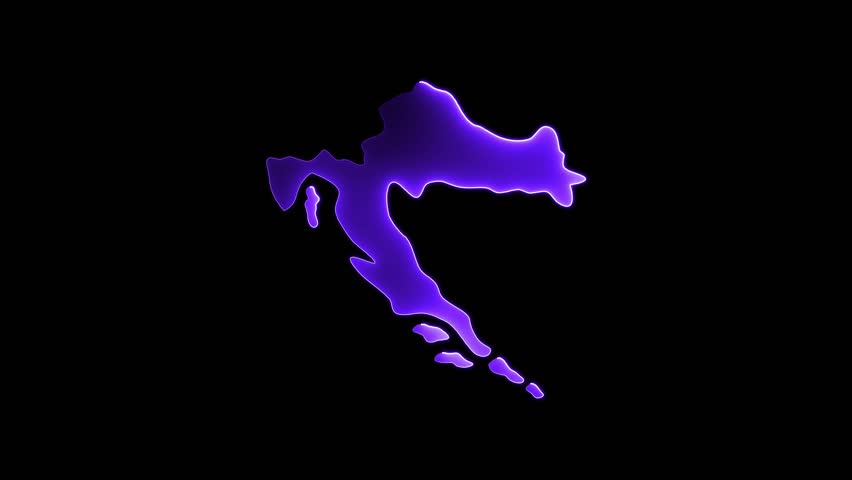 Croatia map icon animation by purple color neon mask glow on black background.