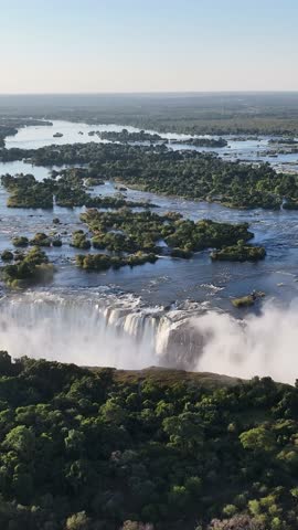 Famous Water Falls In Victoria Falls Matabeleland North Zimbabwe. Breathtaking Aerial Footage Of Waterfalls As Natural Wonder. Recreation Falls Powerful Waterfalls Beautiful Day.