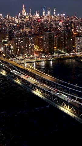 Manhattan Bridge In Brooklyn New York United States. Stunning Landscape Of Highway Road Viewed From Above. Night Elevated Road Downtown Cityscape. Night Drone View Downtown. Brooklyn New York.
