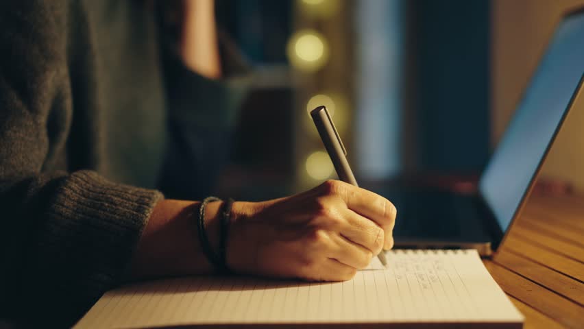 Close-up of a person's hands at work. A woman types on a laptop and makes notes in a notebook