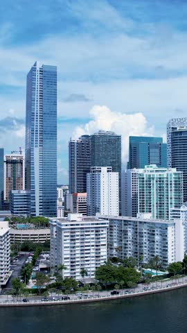 Miami Skyline In Miami Florida United States. Bird Eye View Of Famous Building In Vibrant District Of City. Business Sky Downtown Cityscape. Business Downtown Panorama. Miami Florida.