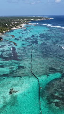 Playa Blanca Beach In Punta Cana La Altagracia Dominican Republic. Aerial View Of Stunning Beach With Crystal Clear Waters. Paradise Landscape Idyllic Beautiful. Summertime Idyllic Coast.
