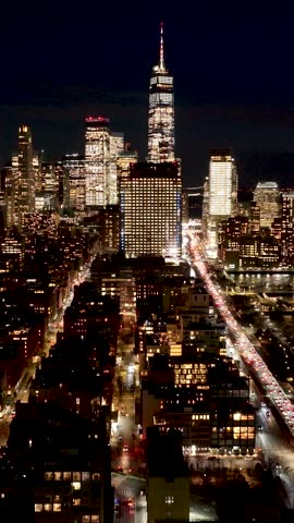 Night New York Skyline In Manhattan New York United States. Bustling Downtown Cityscape With Modern Buildings. Building Infrastructure Landscape High Rise Building Beautiful.