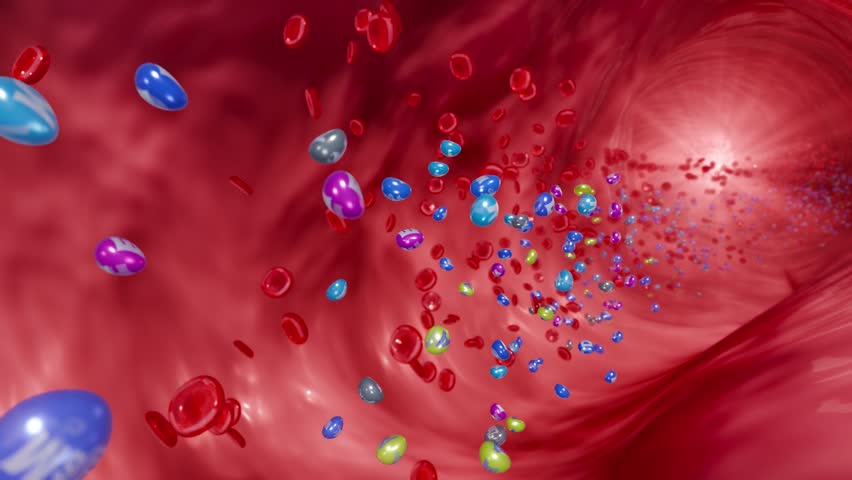 Blood flow with vitamins and minerals, nutrient transport for immune system support and energy metabolism, 3D Rendering
