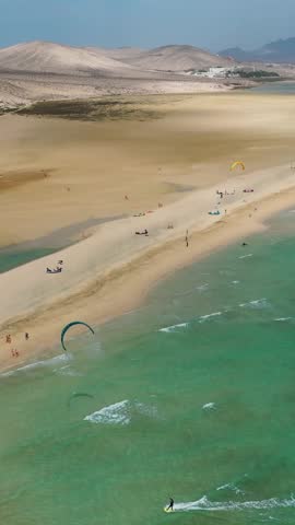 Aerial shot of Sotavento Beach in Fuerteventura with turquoise water