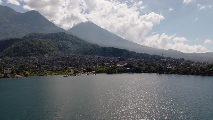 Aerial view of Santiago La Laguna town and shoreline at Lake Atitlan, Guatemala