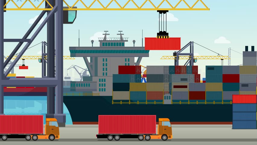 Sea Port Scene Animation Video, Cartoon Port Background Animated Clip, Crane Animation, Truck with Container, Vector Animation, 1080p, Mp4