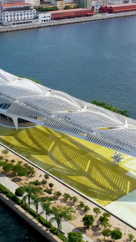 Tomorrow Museum In Historic Center Rio De Janeiro Brazil. Bird Eye View Of Famous Building In Vibrant District Of City. Paradise Landscape Idyllic Beautiful. Summertime Idyllic Coast.