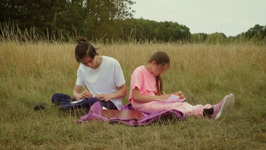 Children sitting on blanket drawing together in meadow. Boy and girl focusing on creative sketches while spending time outdoors. Teenagers making artwork together surrounded by tall grass in park