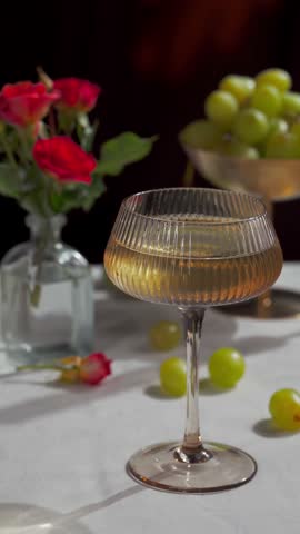 White Wine in Vintage Coupe Glass with Grapes and Roses