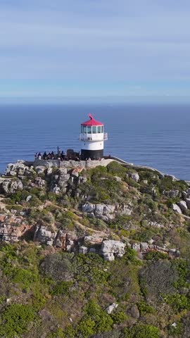 Famous Cape Point In Cape Town South Africa. Aerial View Of A Bustling Ligthhouse In A Coast City. Paradise Skyline Leisure Wanderlust. Paradise Water Edge Shore. Cape Town Western Cape.