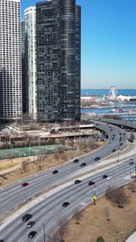 Navy Pier In Chicago Illinois United States. Highway Interchange Crossing City With Traffic Jam. Infrastructure Landscape Commercial Building Awesome. Infrastructure Urban. Chicago Illinois.