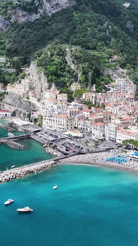 Amalfi Coast In Amalfi Salerno Italy. Aerial View Of Stunning Beach With Crystal Clear Waters. Coast Clouds Seaside Summertime. Coast Outdoors Panoramic. Amalfi Salerno.