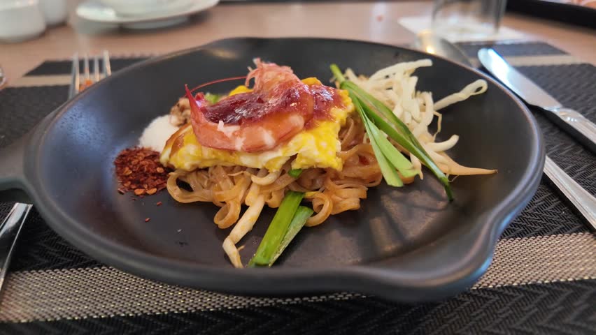 Camera video of Thai pad thai noodles with shrimp and egg	