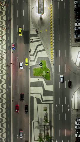 Rio De Janeiro Skyline In Copacabana Beach Rio De Janeiro Brazil. Breathtaking Aerial View Of Busy Traffic In A Freeway Road. Night Street Downtown Cityscape.