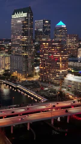Night Downtown Tampa In Tampa Florida United States. Aerial View Of A Bustling Downtown Cityscape With Modern Buildings. Building Infrastructure Landscape Birds View Amazing.